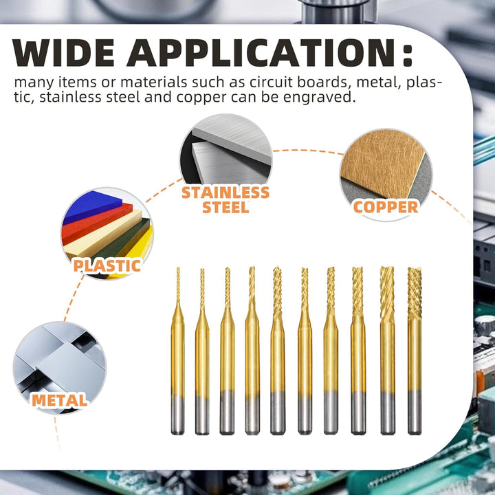 10 Stück Hartmetall Schaftfräser, Titan Beschichtete CNC Fräser Gravur Bits Carving Drill Werkzeuge,
