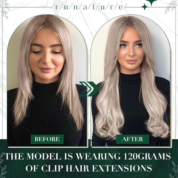 RUNATURE Clip in Extensions Echthaar 45cm Remy Graublond mit Platinblond Extensions Clip in Echthaar