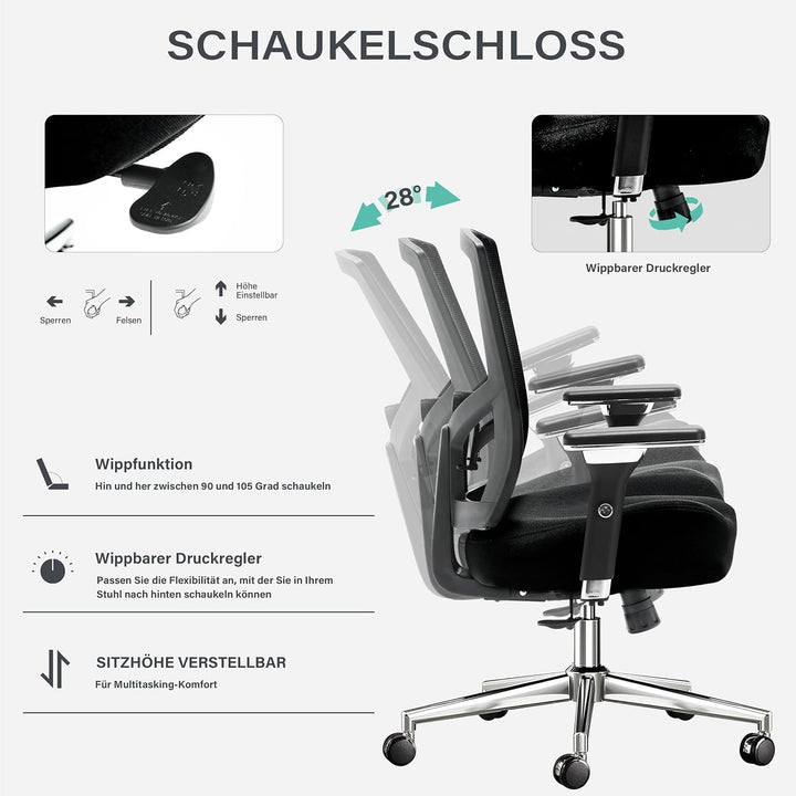 Blue Whale Bürostuhl 200kg,Grosser und hoher Bürostuhl Ergonomisch,Drehstuhl aus Mesh und Wippfunkti