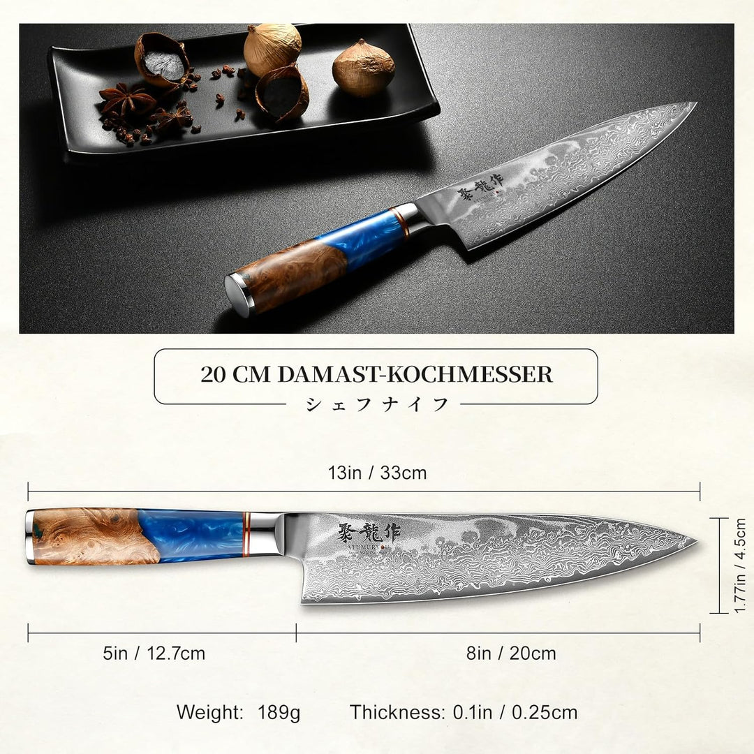 Japanisches Kochmesser, 20 cm Damastmesser Küchenmesser aus VG10 Stahl, handgefertigtes scharfes Mes