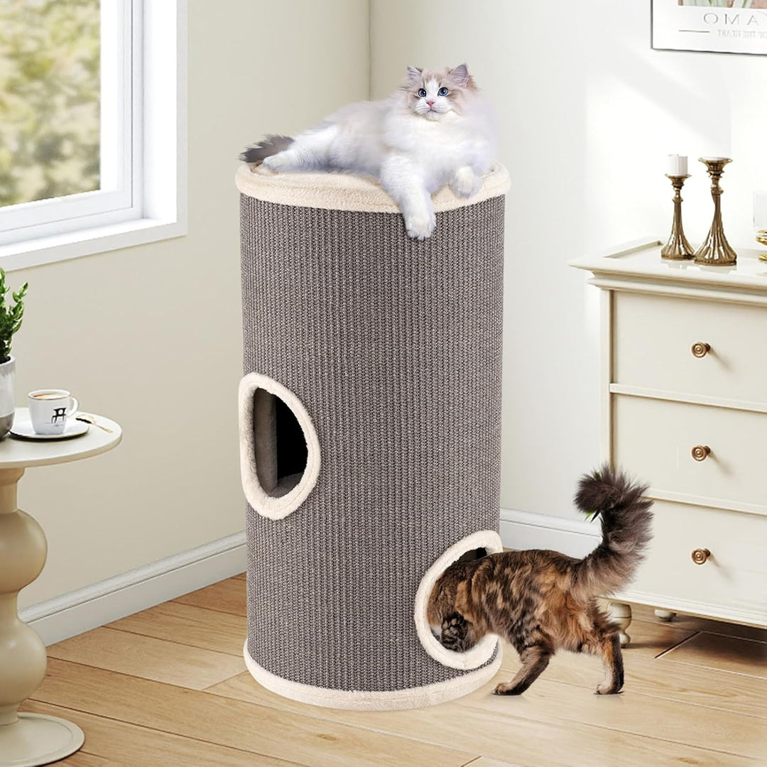GOPLUS Kratztonne 3 Ebenen, 70 cm Katzentonne mit 3 Höhlen, Plüschbett, Liegefläche & Sisal-Kratzbre