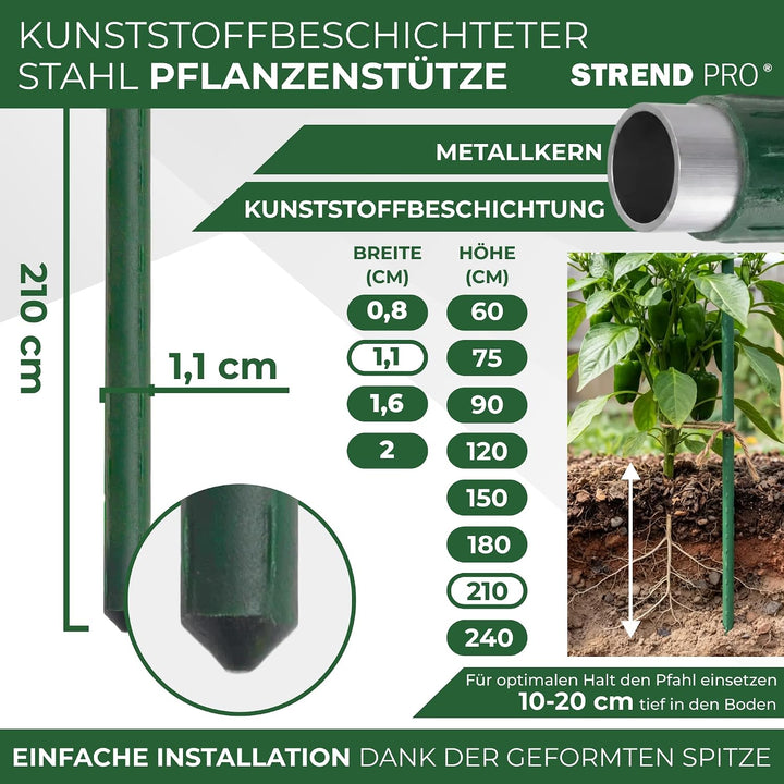 STREND PRO Pflanzstäbe 210 cm - 25 STK. Set | Ø 11 mm Stahl + Kunststoff | Rankstab Grün | Tomaten &amp;