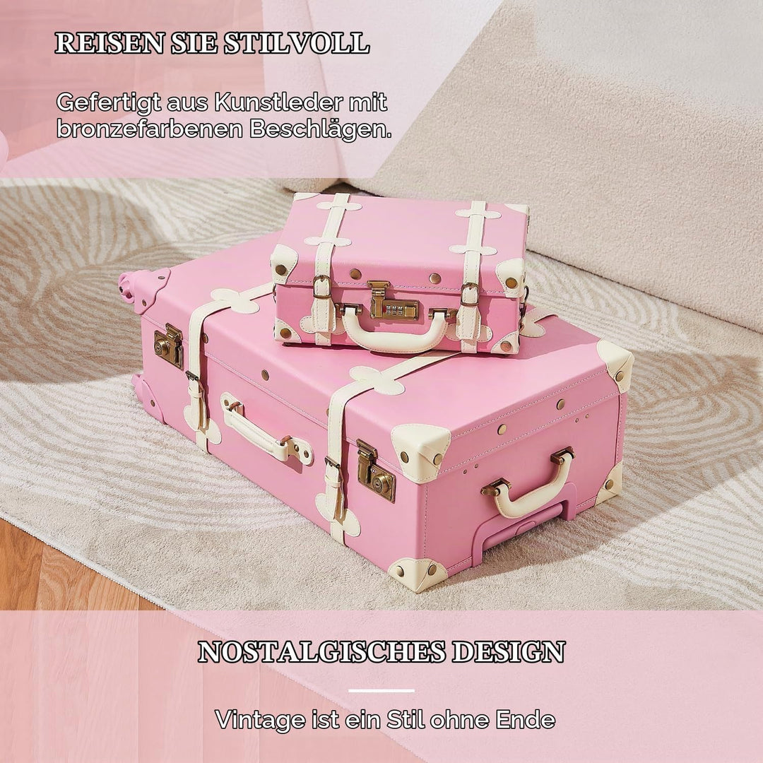 Unitravel Vintage Koffer Set 2 Teilig, Retro PU-Leder Handgepäck Koffer mit Kosmetikkoffer, Hell Ros