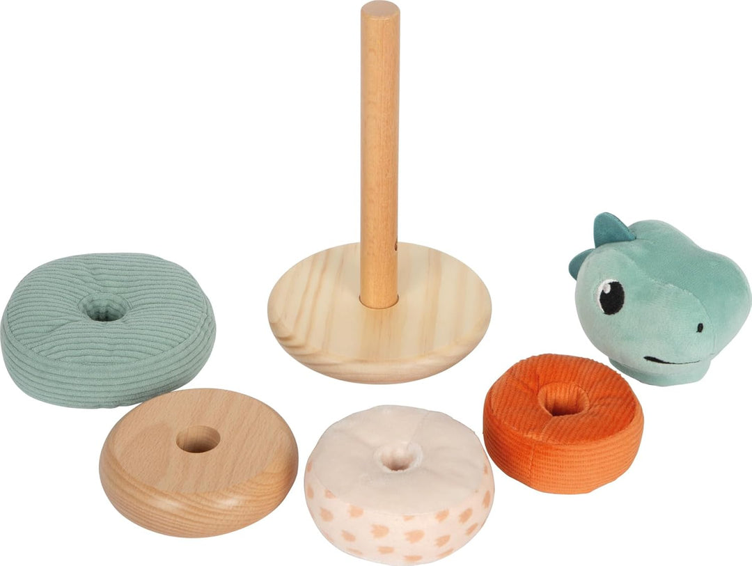 small foot Stapelturm „Dino“ aus Holz und Plüsch, Motorikspielzeug mit bunten Stapelringen, für Kind