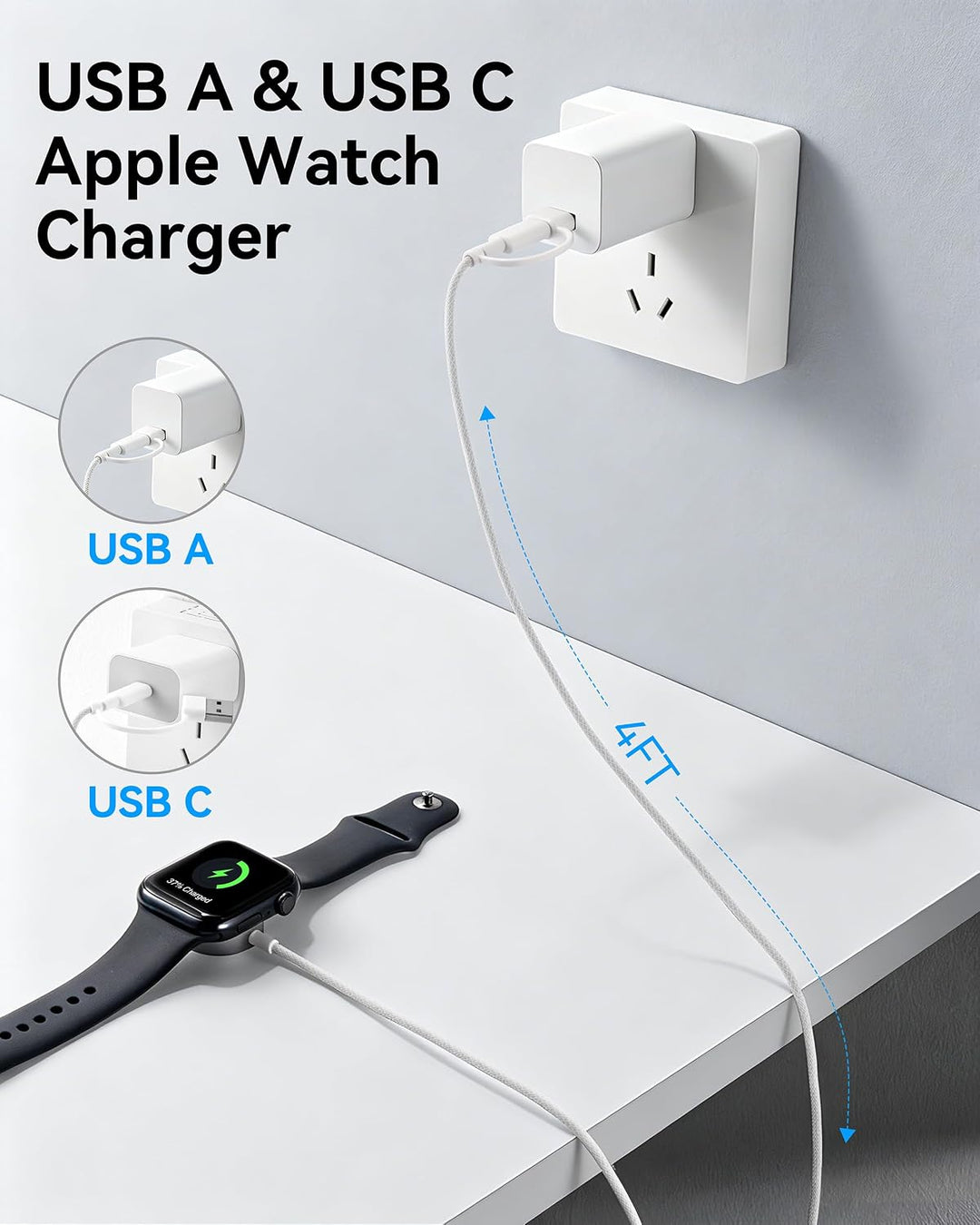 Minlu 2 in 1 Apple Watch Ladekabel, USB A/C Ladekabel für Apple Watch White-2 USB Typ C,iwatch ladek