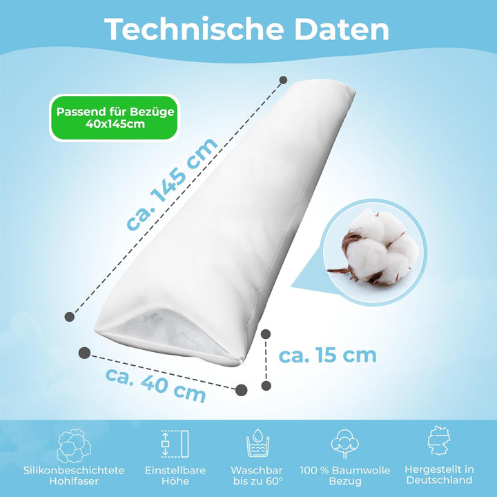 Rosenkern® Seitenschläferkissen Ergonomisch - [Made in Germany] - Long Body Pillow - Bezug aus 100%