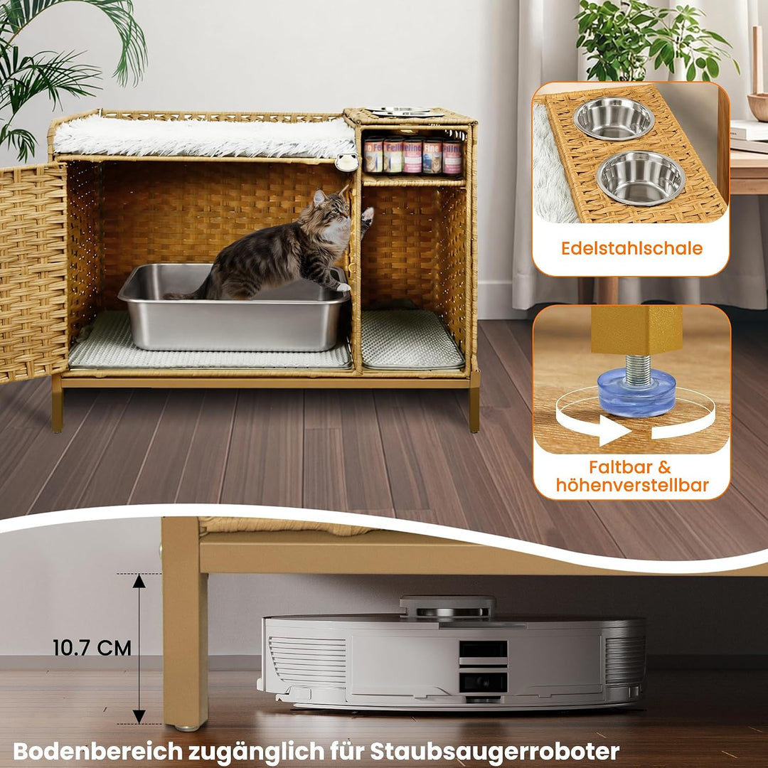 XXL Verstecktes Katzenklo Möbel mit Plüschkissen, 90x50x65cm Handgewebtes Rattan Katzenhaus, Stabil