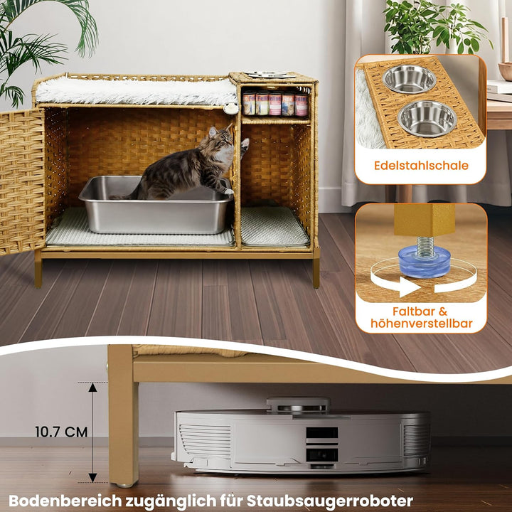 XXL Verstecktes Katzenklo Möbel mit Plüschkissen, 90x50x65cm Handgewebtes Rattan Katzenhaus, Stabil