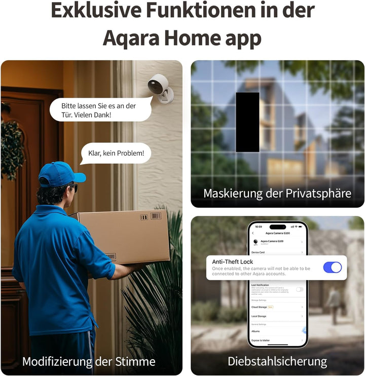 Aqara G100, 2K Sicherheitskamera für Innen & Aussenbereich, HomeKit Secure Video, 2-Wege-Audio, Sche
