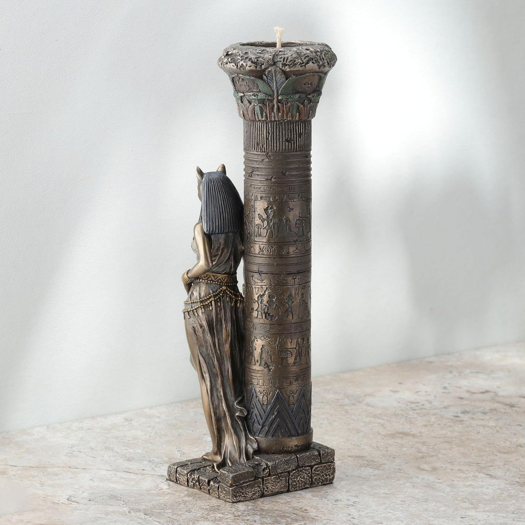 Zeckos gyptische göttin bastet auf s?ule lehnend statue Bronze 10 3/4 Inches Tall