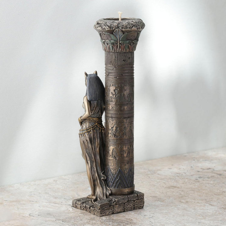 Zeckos gyptische göttin bastet auf s?ule lehnend statue Bronze 10 3/4 Inches Tall