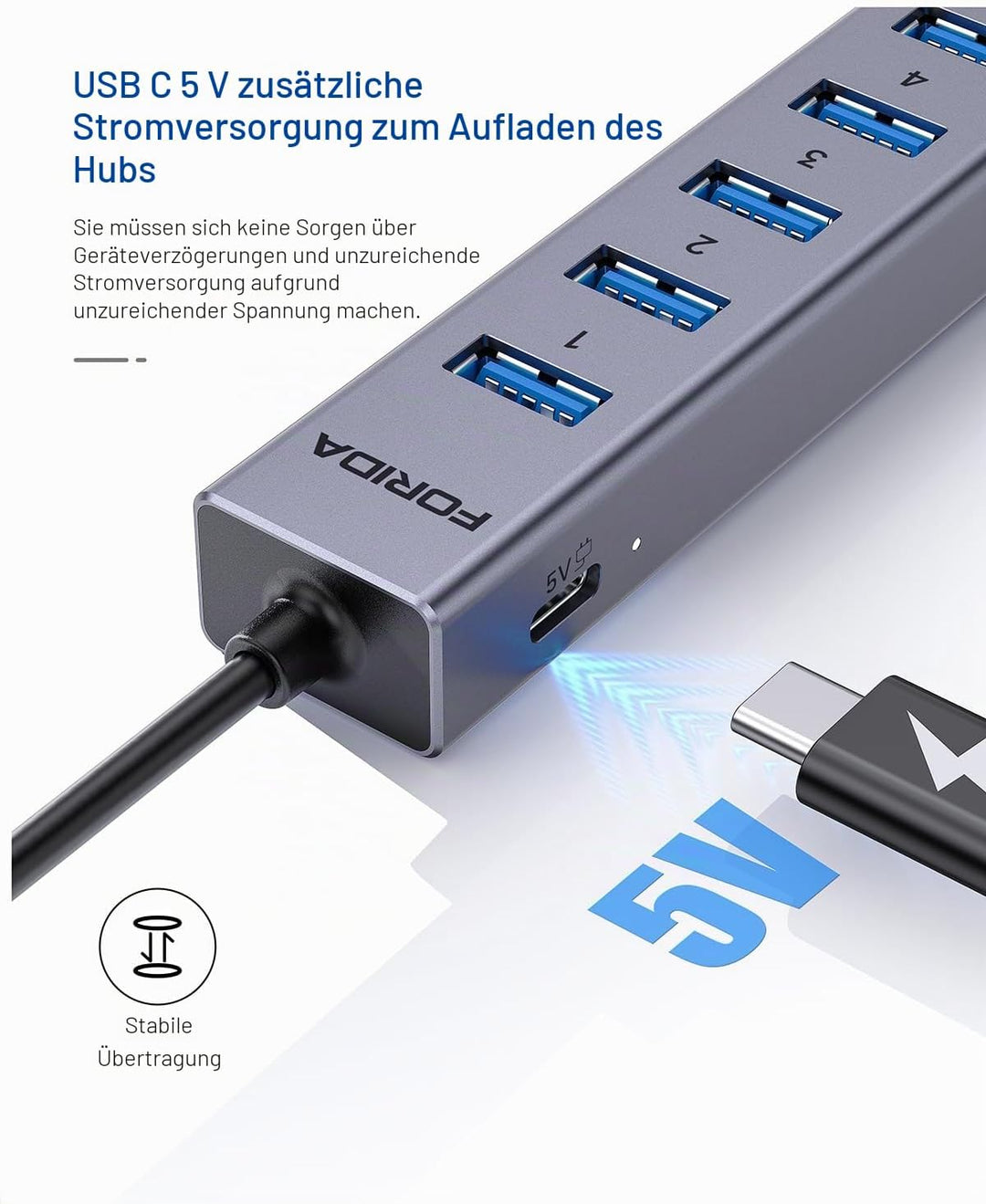 8Port USB Hub 3.0 mit 120cm Kabel, USB zu Netzwerk-Hub mit 6 3.0 Ports und 1000Mbps LAN Adapter, 5V/