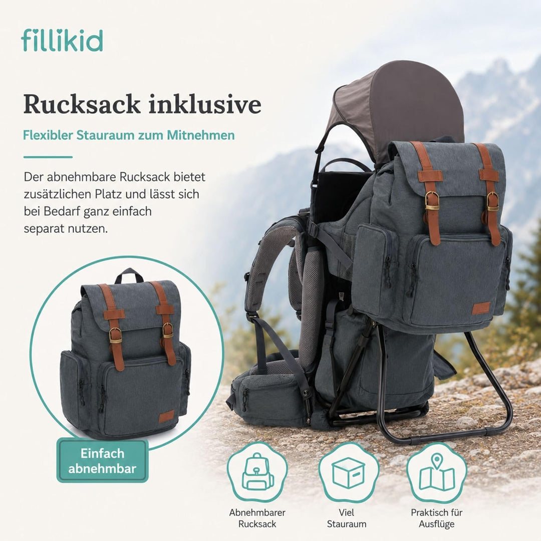 Fillikid Premium Babytrage Rückentrage Baby | Rücken Babytrage mit Sonnendach & grossen Staufächern