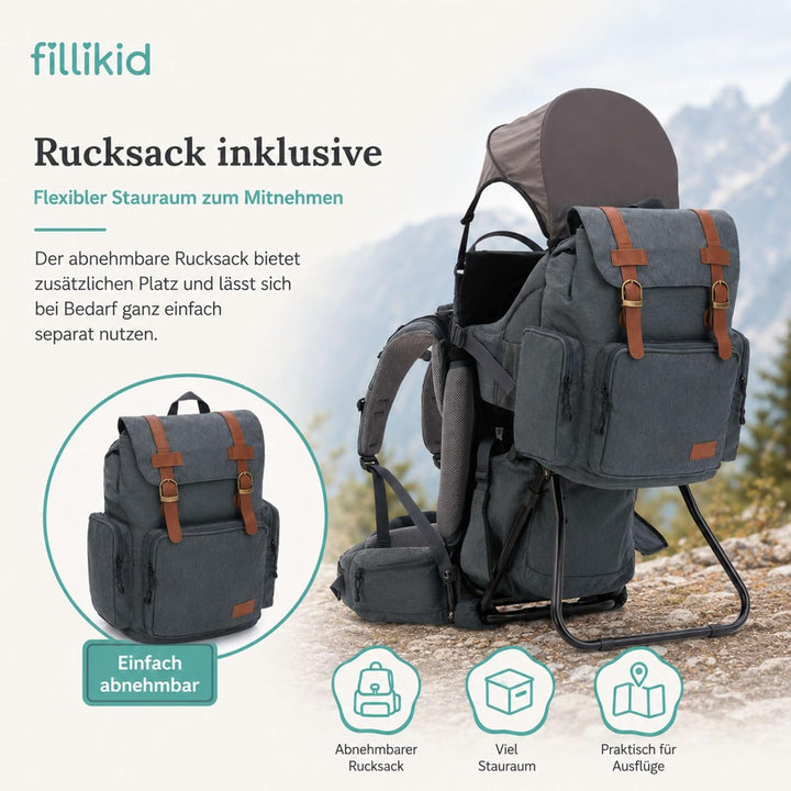 Fillikid Premium Babytrage Rückentrage Baby | Rücken Babytrage mit Sonnendach & grossen Staufächern