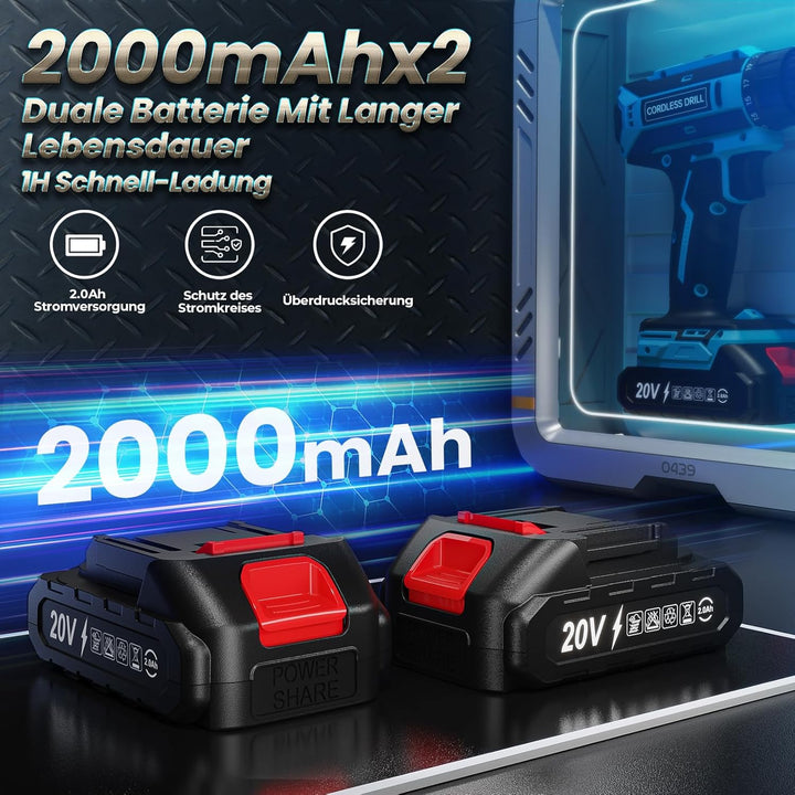 Akkuschrauber mit 2x 2000mAh Akkus, 20V Akku Bohrschrauber Set 42Nm Max, 2-Gang Akku-Bohrmaschine, K