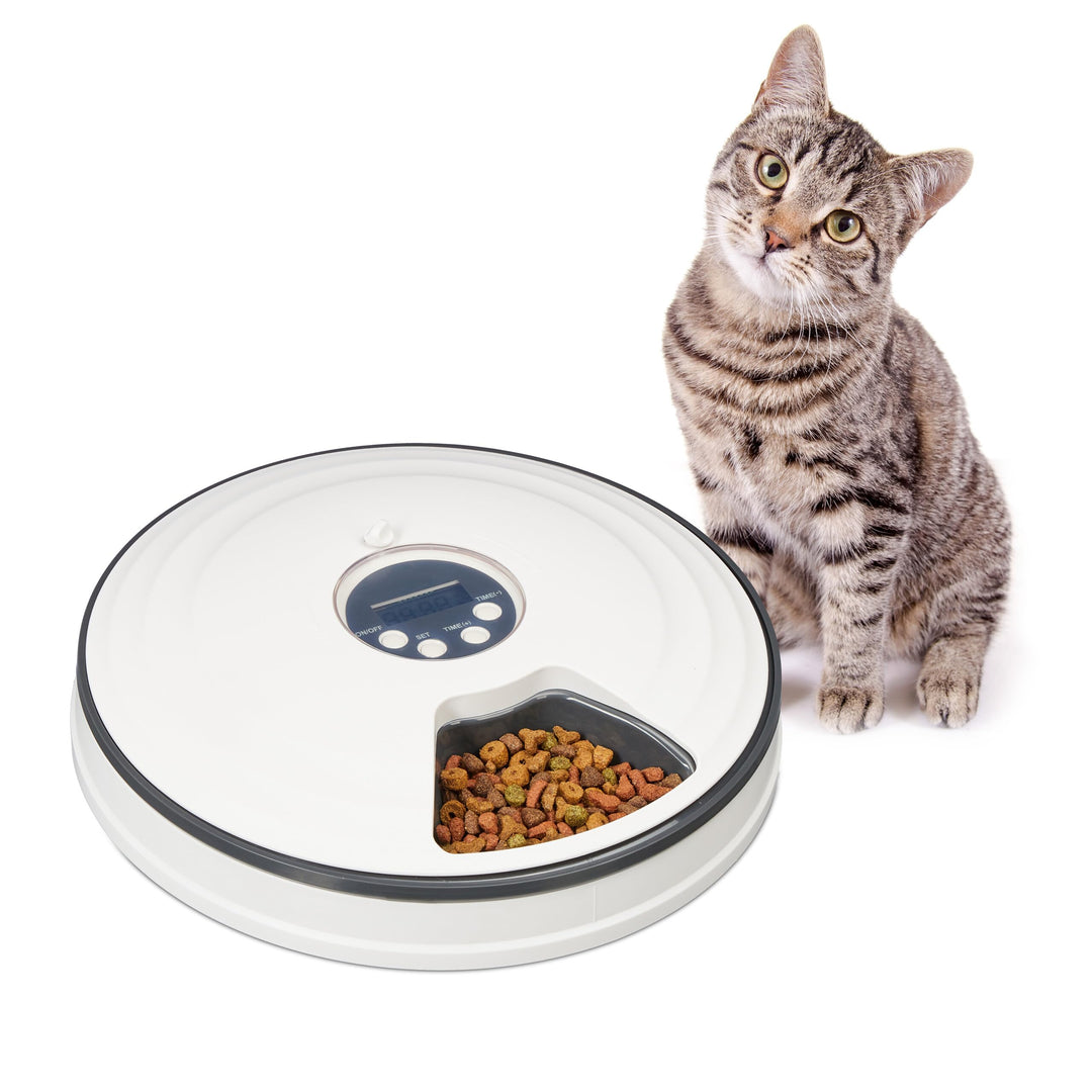 Relaxdays Futterautomat Katze, bis zu 6 Portionen, HxD: 5,5 x 30,5 cm, Katzenfutterstation mit Zeits