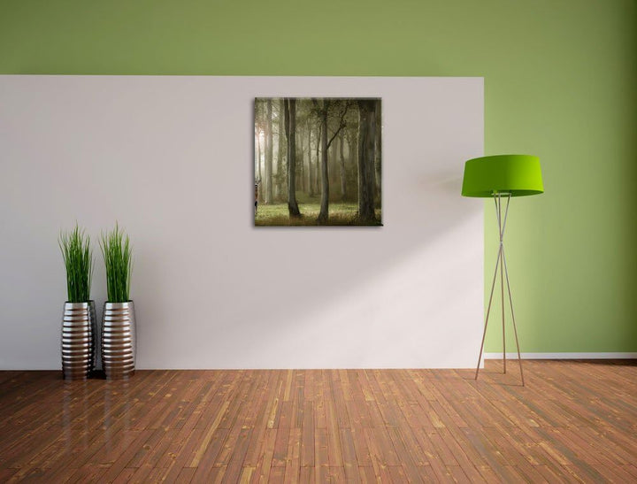 Pixxprint Einsamer Hirsch im tiefen Wald, Format: 70x70 auf Leinwand, 70x70