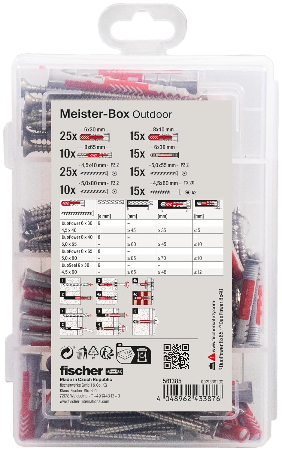fischer 561385 Feucht & Aussen, Dübelbox, 130-teilig mit Edelstahlschrauben & DUOPOWER & DUOSEAL, Se