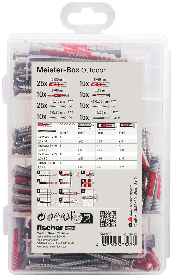 fischer 561385 Feucht & Aussen, Dübelbox, 130-teilig mit Edelstahlschrauben & DUOPOWER & DUOSEAL, Se
