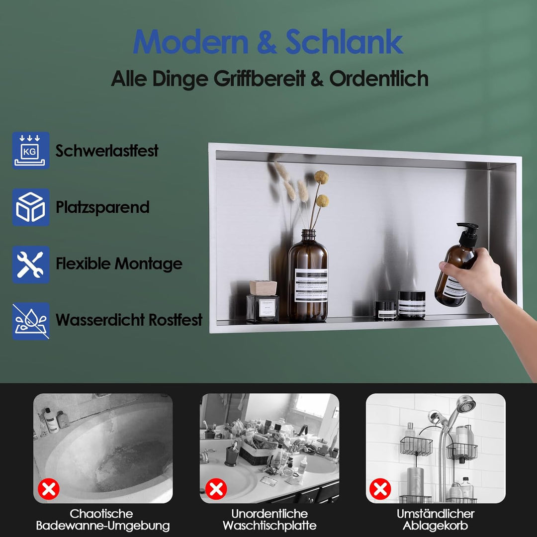 ROVOGO 60 x 30 x 10 cm Wandnische Dusche Edelstahl 304, Eingebettete Duschnische Einzelregal Lagerun
