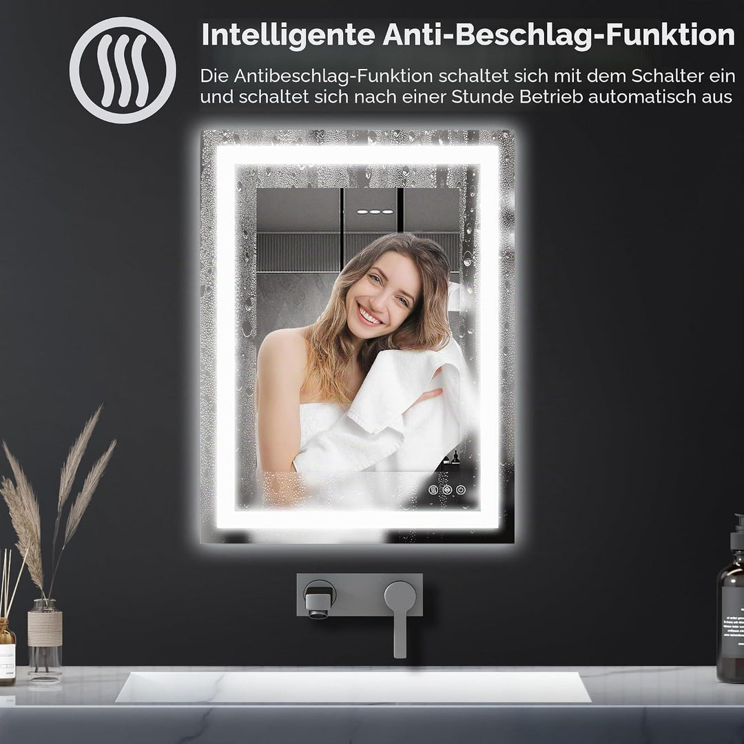 Antok 80x60cm LED Badezimmerspiegel mit Beleuchtung, dimmbarer beschlagfreier Smart-Spiegel mit 3 Fa