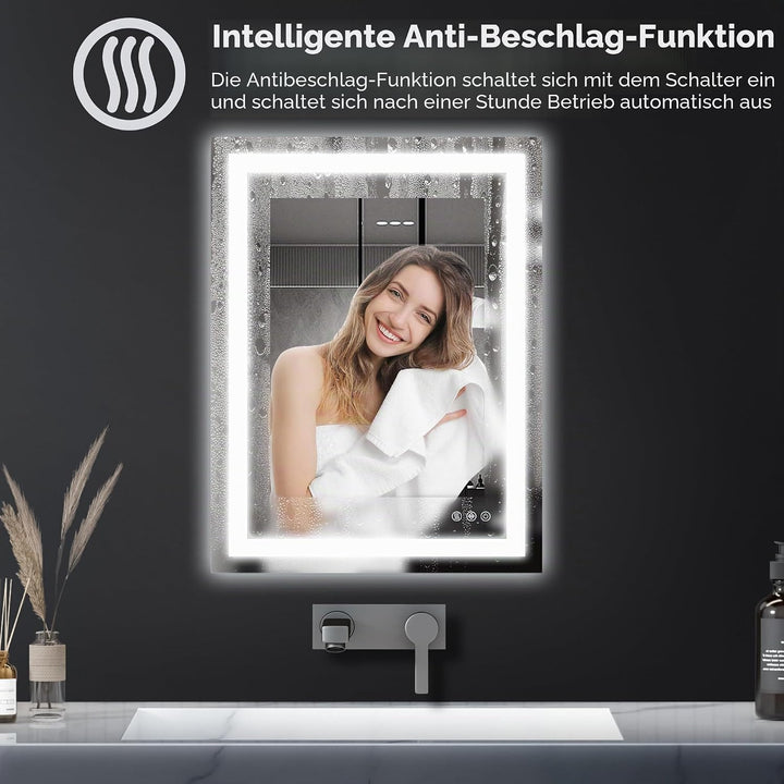 Antok 80x60cm LED Badezimmerspiegel mit Beleuchtung, dimmbarer beschlagfreier Smart-Spiegel mit 3 Fa