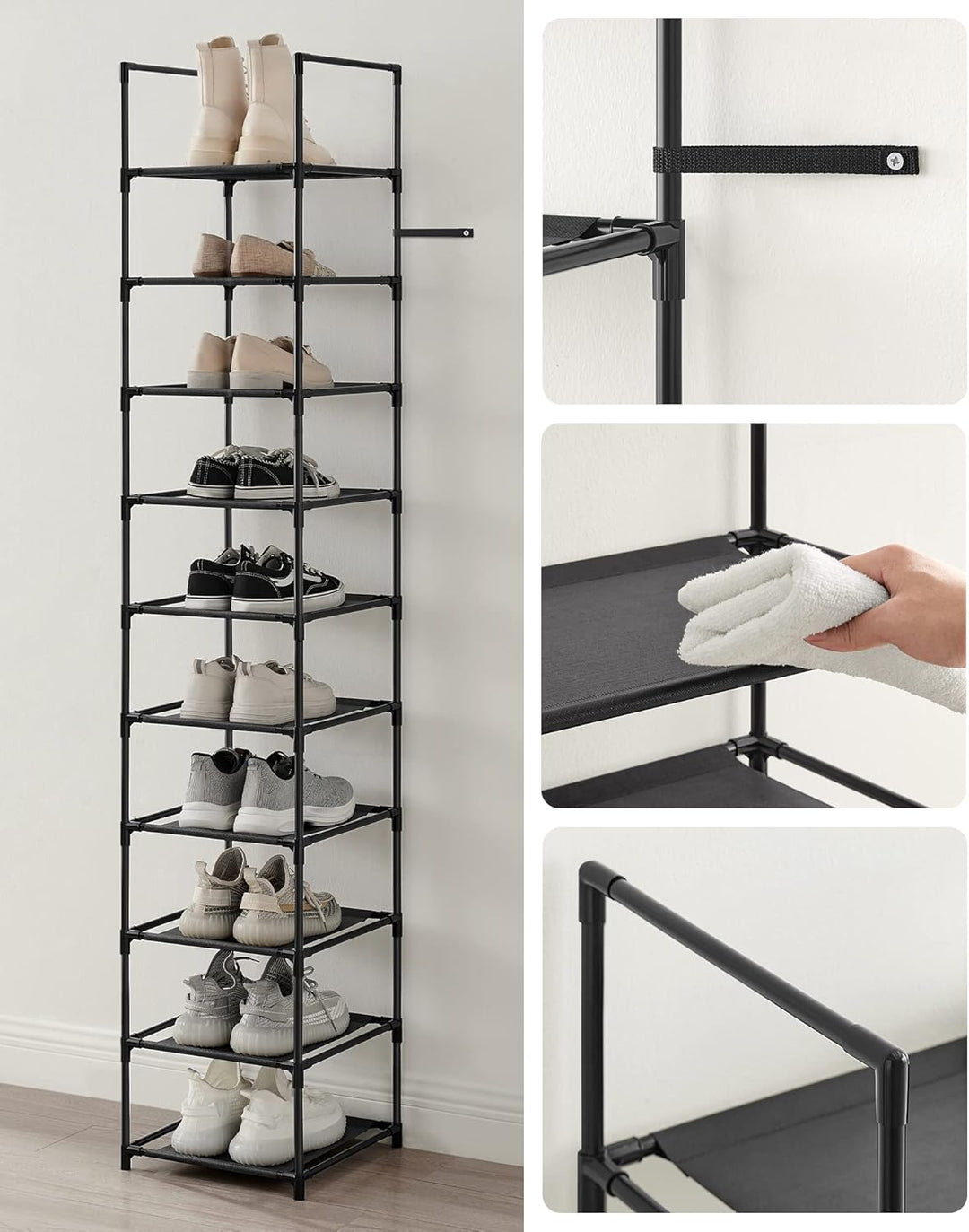 SONGMICS Schuhregal, 10 Ebenen, Schuhablage, Schuhaufbewahrung, schmal, 33 x 33 x 173 cm, Metallgest