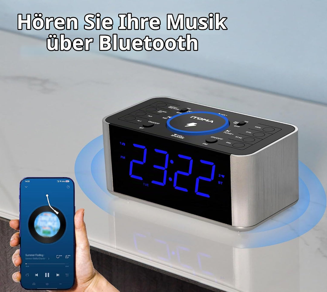 iTOMA Radiowecker Kabelloses Laden, Snooze, Digitales UKW-Radio mit Bluetooth Dual Alarm, Dimmer LED