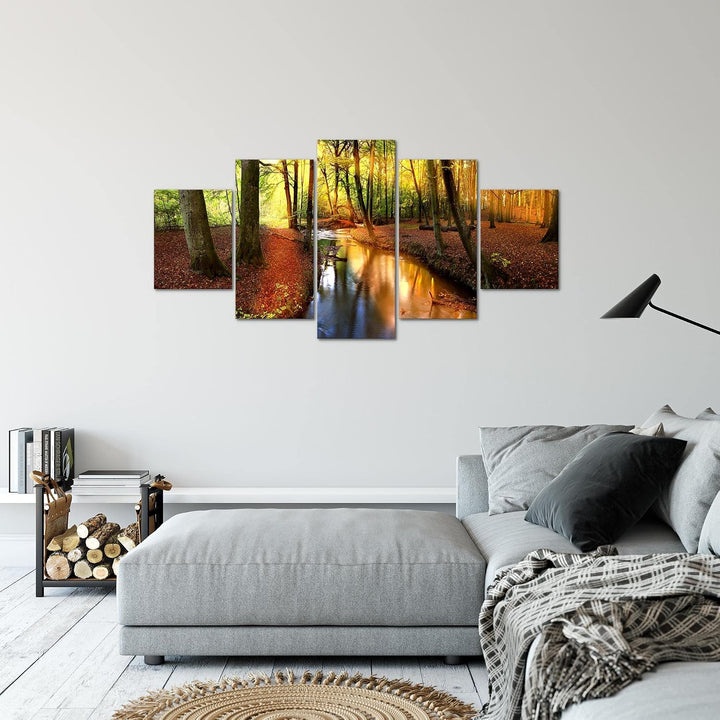 Runa Art Bild Schlafzimmer Wohnzimmer Wald Landschaft 5 Teilig Fluss Braun Wandbilder auf Vlies Lein