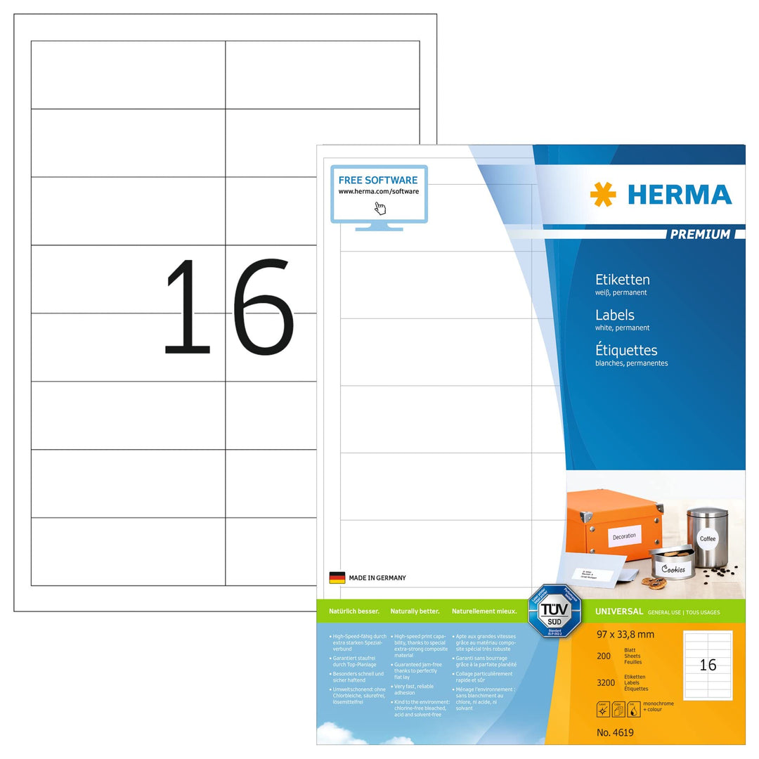 HERMA 4619 Adressetiketten, 200 Blatt, 97 x 33,8 mm, 16 Stück pro A4 Bogen, 3200 Aufkleber, selbstkl