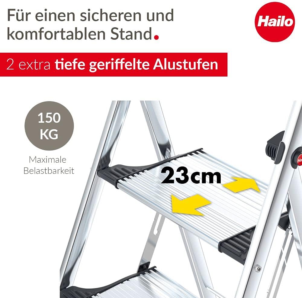 Hailo LivingStep Comfort Plus, Alu-Klapptritt, 2 Stufen, hoher Sicherheitshaltebügel, Füsse mit Soft