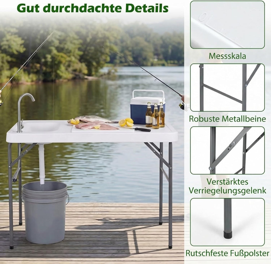 COSTWAY Fischreinigungstisch klappbar, Filetiertisch mit Spüle, Wasserhahn & Messskala, Campingtisch