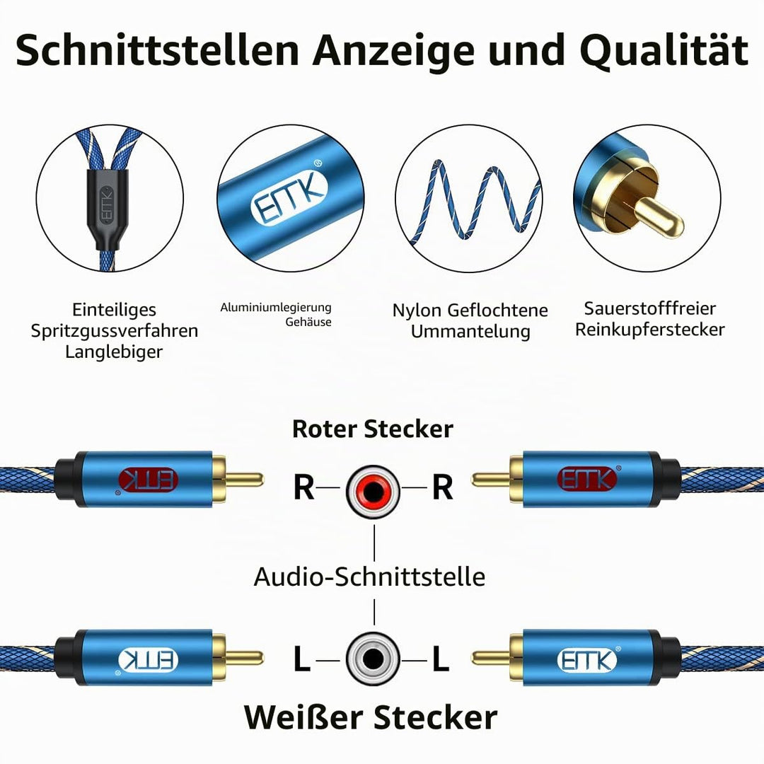EMK Cinch Kabel 2RCA zu 2 Cinch Stecker RCA Doppelkanäle Stereo kabel (8 m) | R&amp;L Stecker Nylon gefl