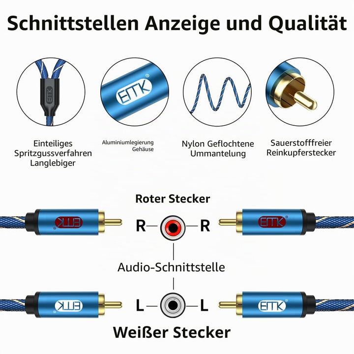 EMK Cinch Kabel 2RCA zu 2 Cinch Stecker RCA Doppelkanäle Stereo kabel (8 m) | R&amp;L Stecker Nylon gefl