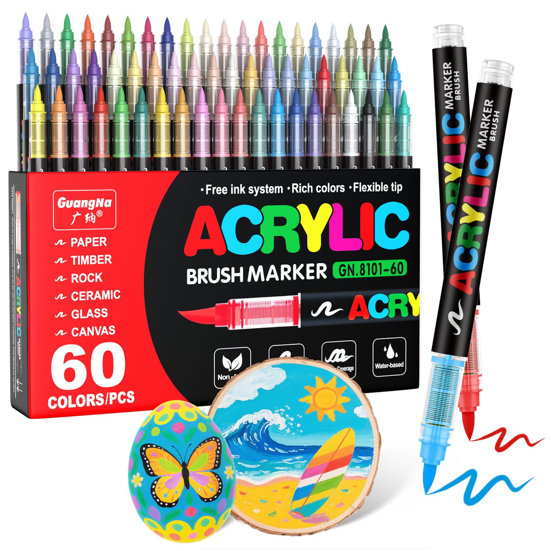 Guangna 60 Farben Acrylstifte Marker Set für Stoff, Leinwand, Glas, Holz und Papier, 60