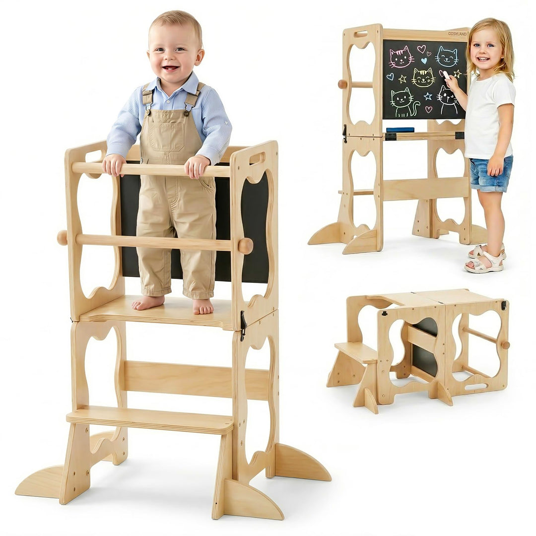 COSYLAND Montessori Lernturm Kinder ab 1 Jahr, klappbarer Lernturm 3 in 1 mit Tafel, Learning Tower