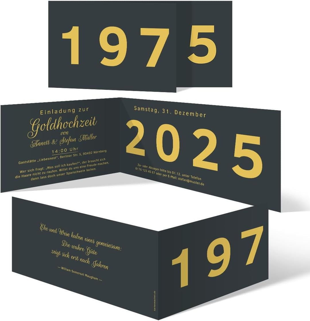 10 x Hochzeitseinladungen Goldhochzeit goldene Hochzeit Einladung - Jahrzehnt Sprung