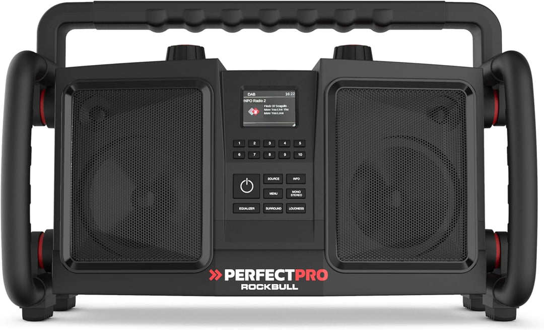 PerfectPro Baustellenradio ROCKBULL, DAB+ und UKW-Empfang, Bluetooth, AUX-Eingang, Akku integriert,