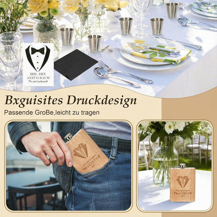 Flachmann Geschenkset 8oz mit Gravur – Edelstahl Flachmann, 4 Becher, Trichter & Geschenkbox für Tra