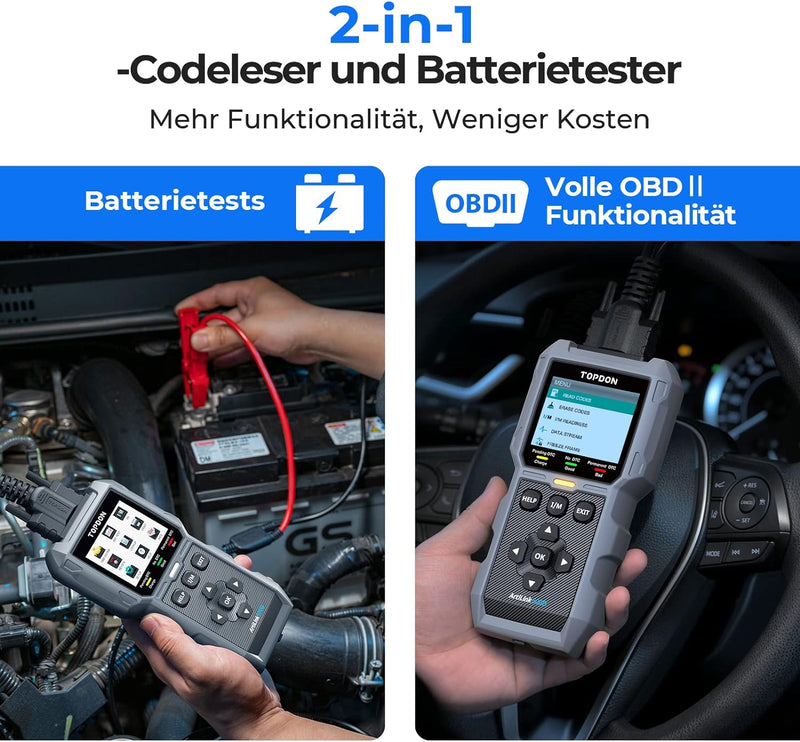 TOPDON ArtiLink500B OBD2 Diagnosegerät Auto und Batterietester 2-in-1, Universal KFZ-Fehlercode-Lese