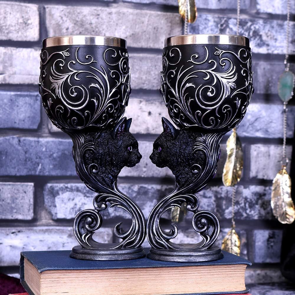 Nemesis Now Hex Twin Cat Heart Set mit Zwei Kelchen, Harz mit Edelstahl-Einsatz, Schwarz und Silber,