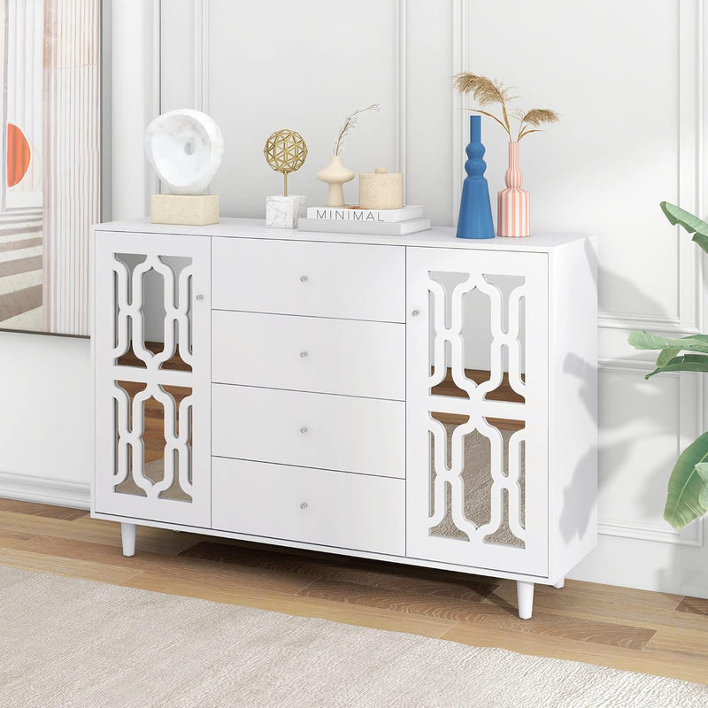 ModernLuxe - Weiss verspiegelte Sideboard mit Kristallgriffen, für Wohn- und Esszimmer (147,5 x 40 x