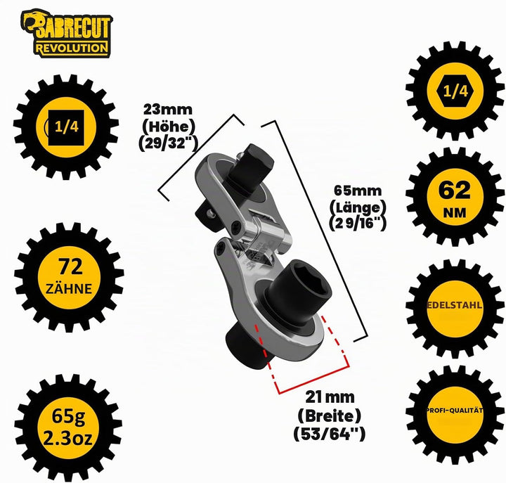 SabreCut 1 x MRSC08 Dual Drive Flex Kleinste Mini Micro Ratsche 6,3 mm Sechskant 6,3 mm Vierkantantr