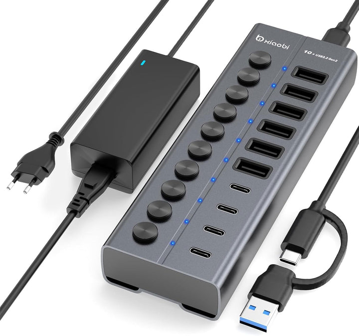 10 Port USB Hub mit Netzteil 60W - 10Gbps USB 3.2 Gen 2 Hub Aktiv aus Aluminium mit 6 USB-A & 4 USB-