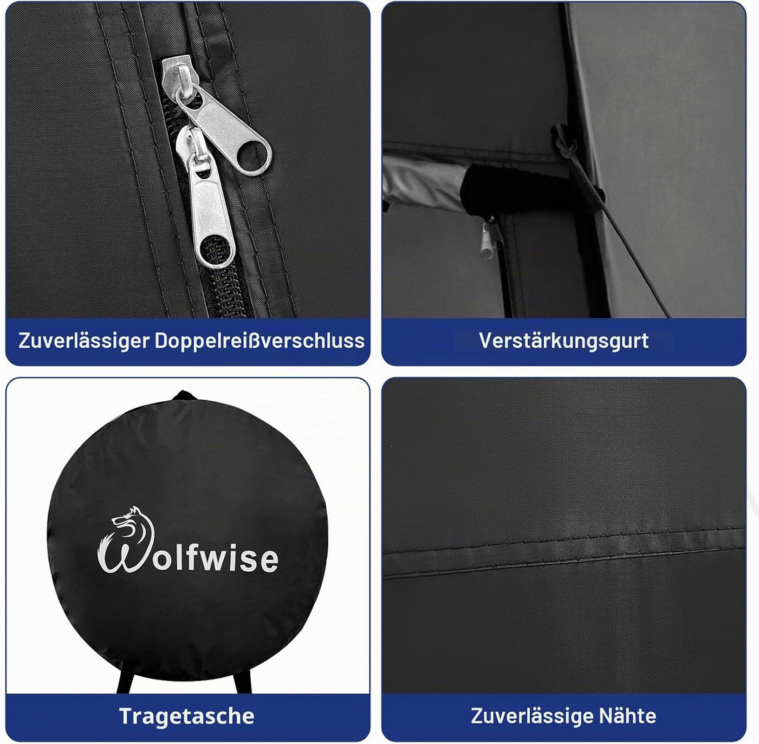 WolfWise PRO Pop Up Duschzelt Camping Silberbeschichtet mit Boden Schwarz Extra Hoch: H 210cm, W 120