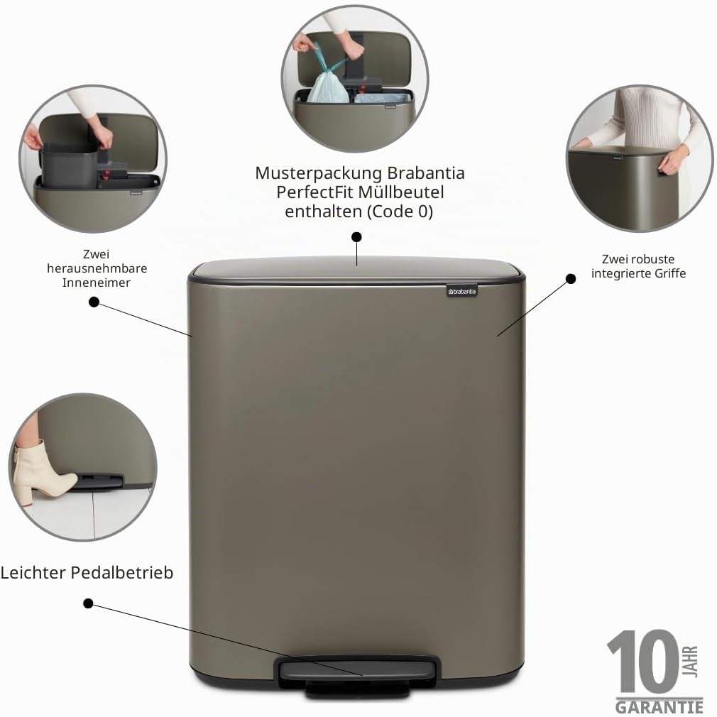 Brabantia 211546 Treteimer Bo, 2 x 30L, Platin 2 Inneneimer (2 x 30L) Platinum, 2 Inneneimer (2 x 30