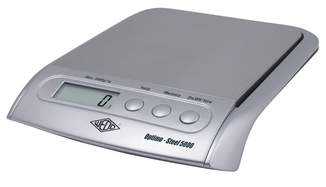 Wedo 485154 Elektronische Universalwaage Optimo Steel 5000 (mit Wiegeteller, aus rostfreiem Edelstah