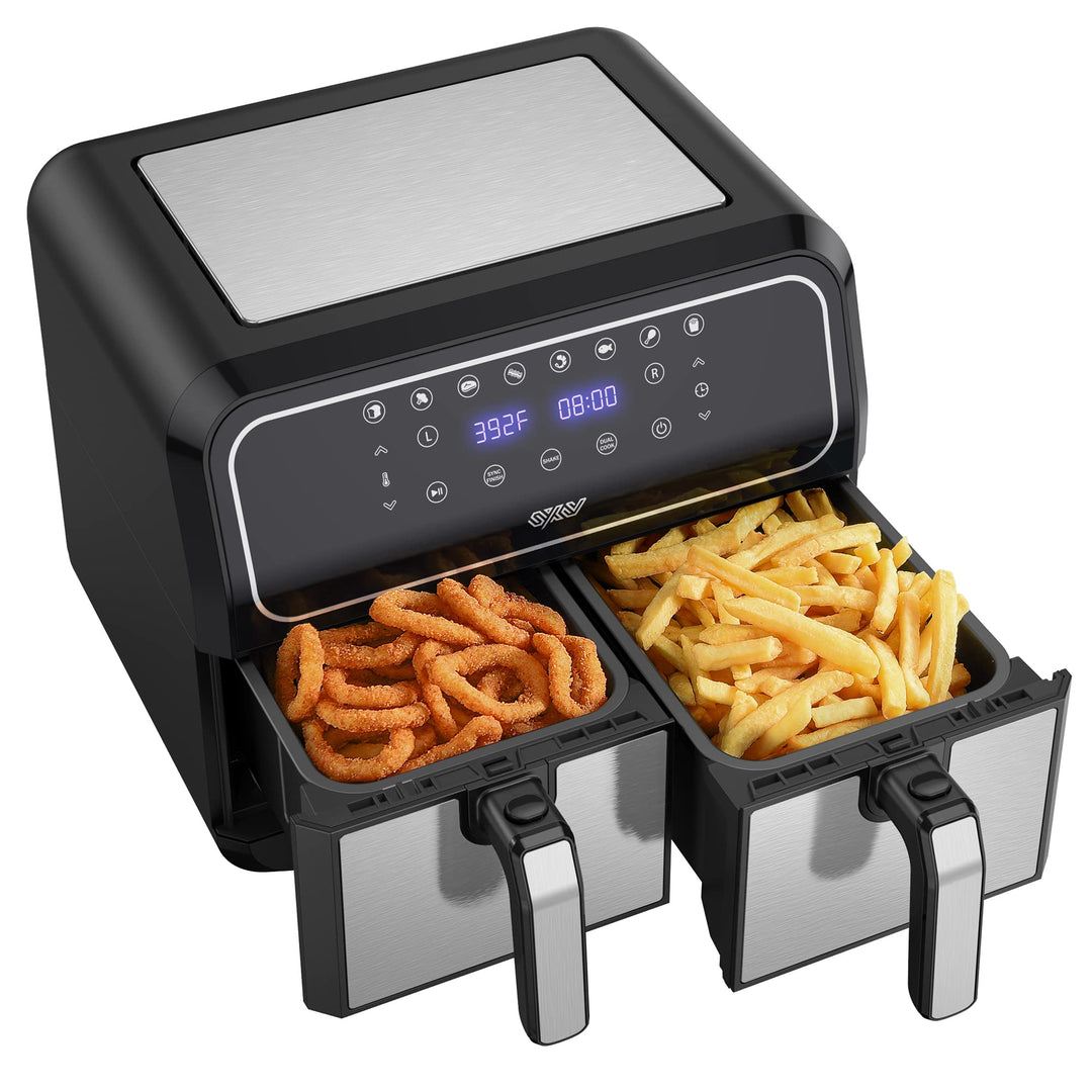 Innsky Dual Zone Heissluftfritteuse Doppelkammer 8L, 8 Programmen Heissluftfritteuse Doppelt, Airfry