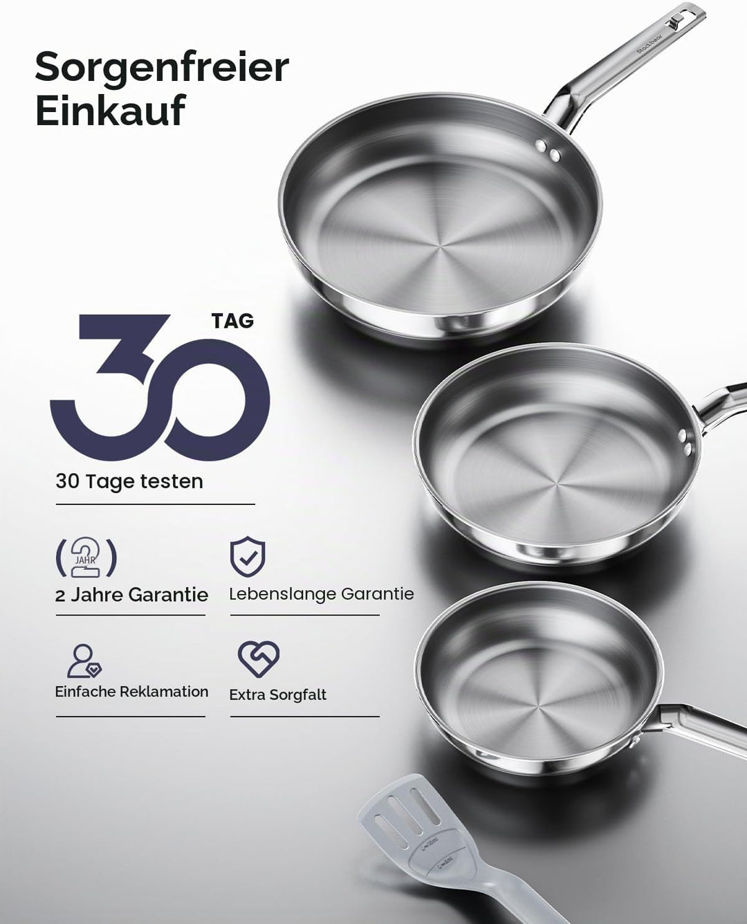 Pfannenset 3-teilig 20,5/24,5/28,5 cm, Edelstahlpfanne Unbeschichtet für alle Herdarten, Bratpfanne