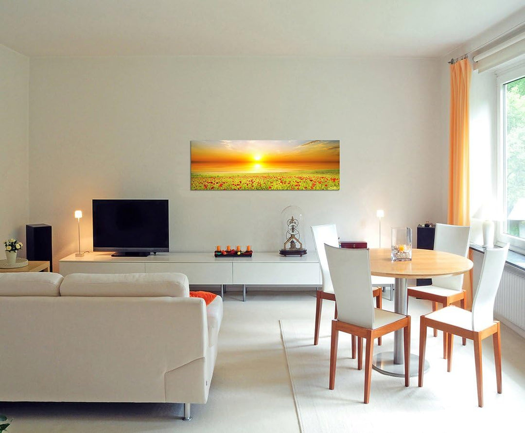 Paul Sinus Art Panoramabild auf Leinwand und Keilrahmen 120x40cm Mohnblumen Feld Frühling Sonnenunte